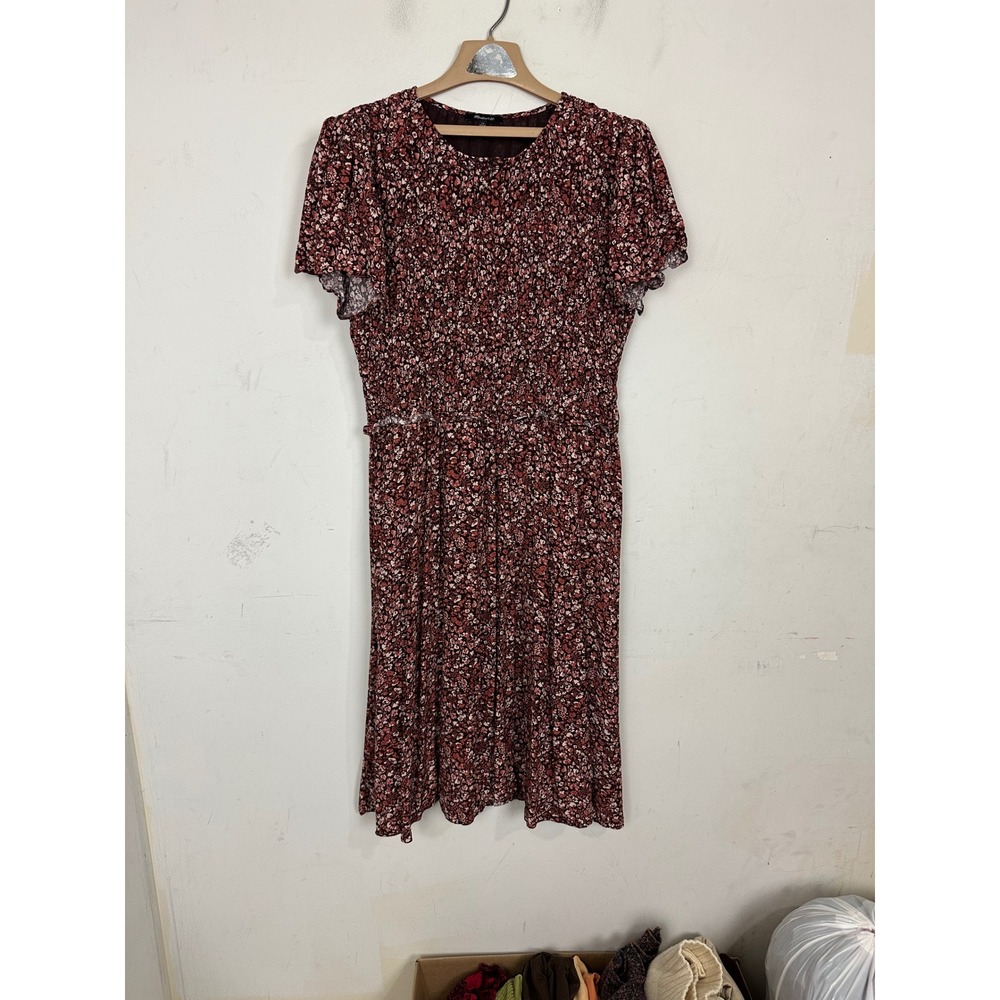Madewell Smocked Midi Dress Burgundy Floral Short Sleeve NX211 Womens 12